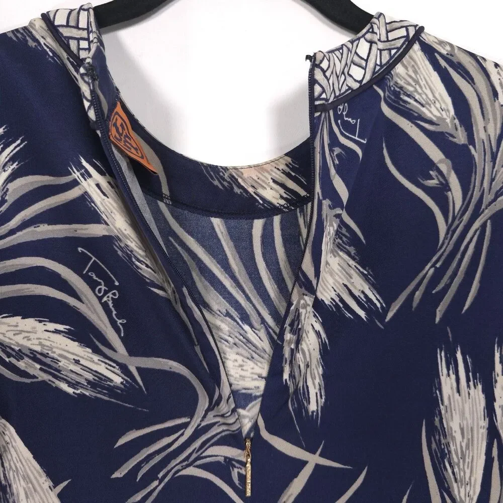 TORY BURCH Women’s Dress MEDIUM 100% SILK Floral Navy Gray Flounce Hem‎ 11132405